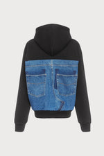 Load image into Gallery viewer, HOODIE WITH DENIM BACK DETAIL | BLACK x MEDIUM BLUE
