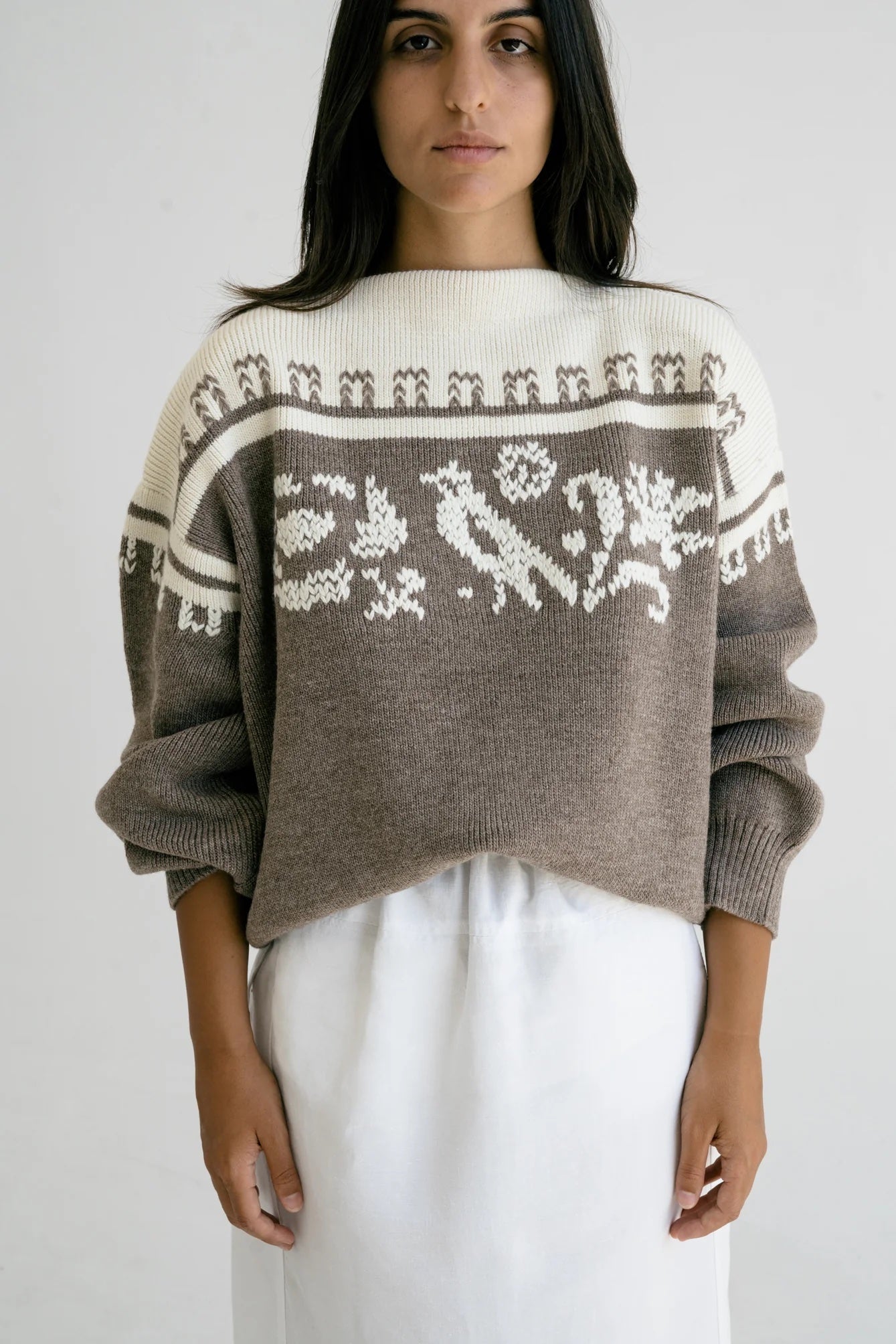 HAND EMBROIDERED WOOL SWEATER | TAUPE BROWN