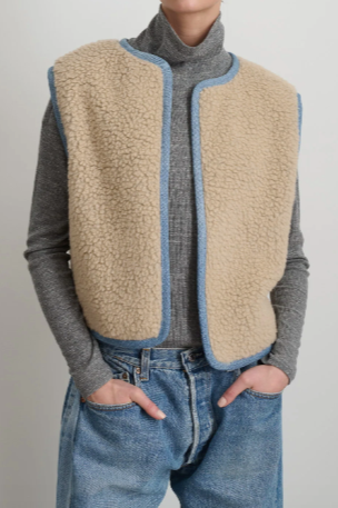 REVERSIBLE REWORKED VINTAGE DENIM AND SHERPA VEST | OATMEAL SHERPA