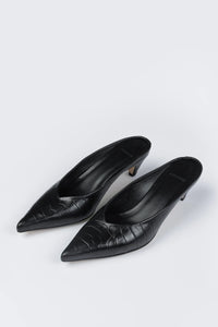LEATHER POINTY MULE | CROCODILE BLACK