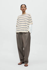 Load image into Gallery viewer, ORGANIC COTTON STRIPED T-SHIRT | CREAM WITH BLUE AND DARK BROWN STRIPES
