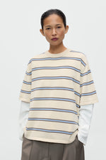 Load image into Gallery viewer, ORGANIC COTTON STRIPED T-SHIRT | CREAM WITH BLUE AND DARK BROWN STRIPES
