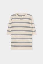 Load image into Gallery viewer, ORGANIC COTTON STRIPED T-SHIRT | CREAM WITH BLUE AND DARK BROWN STRIPES
