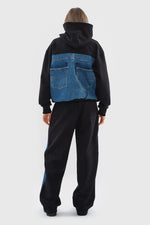 Load image into Gallery viewer, HOODIE WITH DENIM BACK DETAIL | BLACK x MEDIUM BLUE
