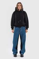 Load image into Gallery viewer, HOODIE WITH DENIM BACK DETAIL | BLACK x MEDIUM BLUE
