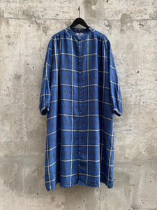 LINEN CHECK SHIRT DRESS | BLUE